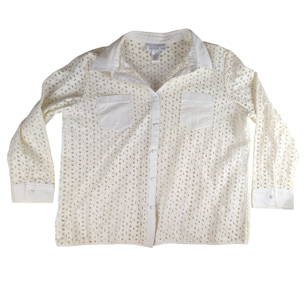 Susan Graver Style Cream Cotton Eyelet Button Up Shirt Womens 1X Long Sleeve Top